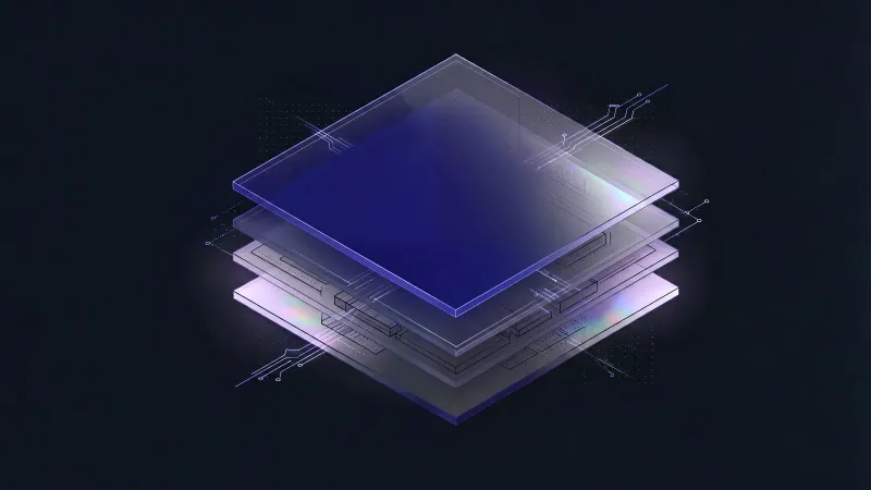 Diagram: translucent layers stacked in space, the middle layer's solid colour field dissolving into transparency to reveal the layers beneath