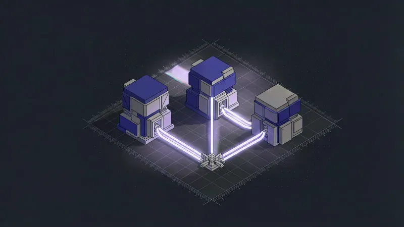 Diagram: three identical test rigs stand on one calibration grid, fed by a single glowing input strand that splits into three equal branches