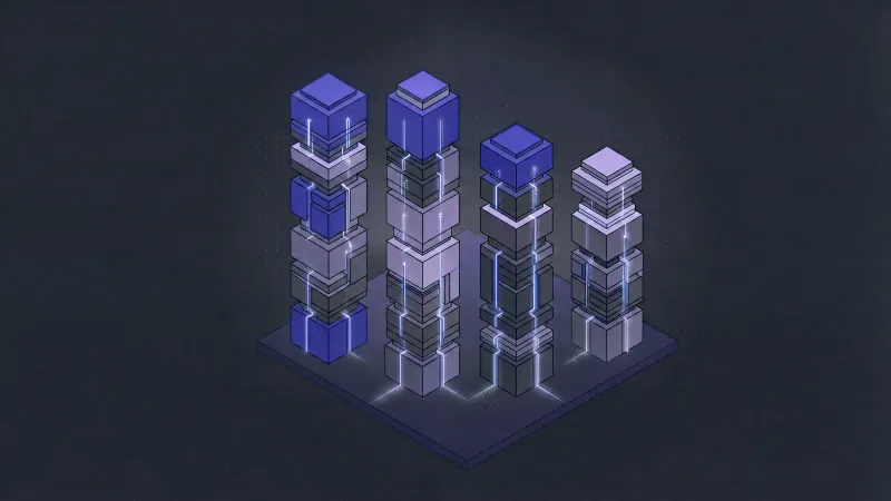 Diagram: four columns built from stacked modular blocks stand side by side on one plane, each a different height and density