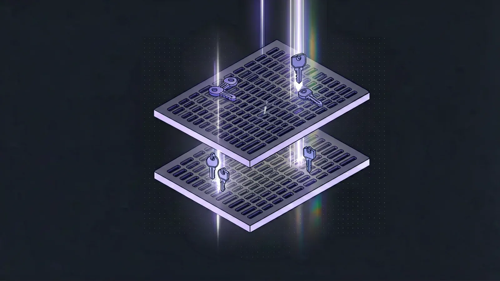 Diagram: two stacked slotted plates, where a few keys pass through both along glowing paths while the rest stop on the upper plate