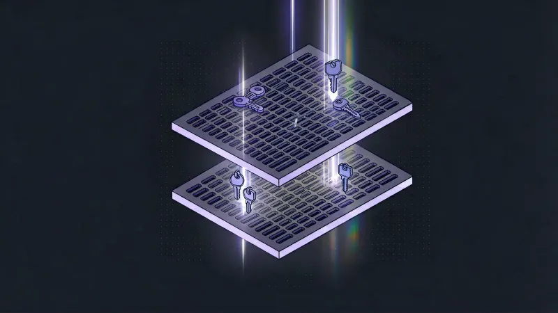 Diagram: two stacked slotted plates, where a few keys pass through both along glowing paths while the rest stop on the upper plate