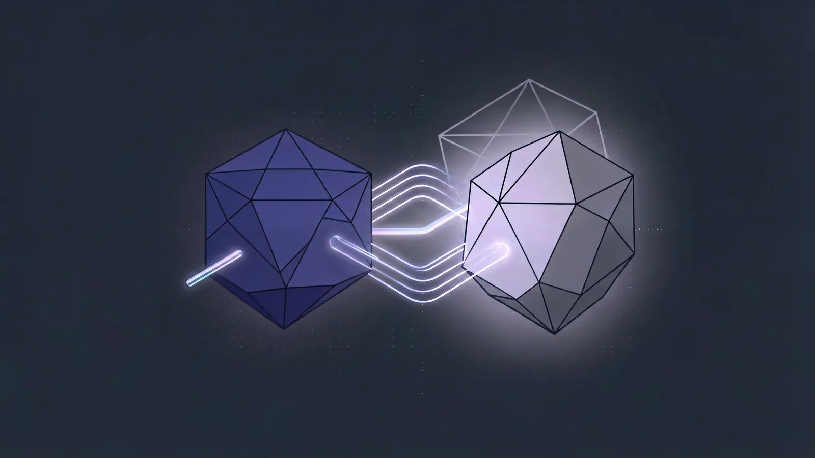 Diagram: a faceted solid passes through a transform node and emerges as a different shape, with the original silhouette echoed faintly behind it
