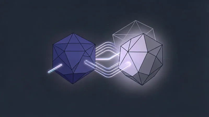 Diagram: a faceted solid passes through a transform node and emerges as a different shape, with the original silhouette echoed faintly behind it