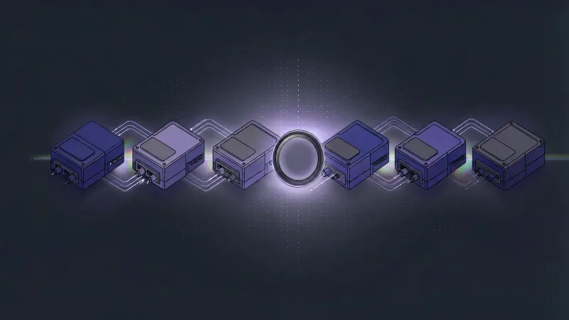 Six audio modules form a signal chain with one disconnected junction highlighted by a bright ring