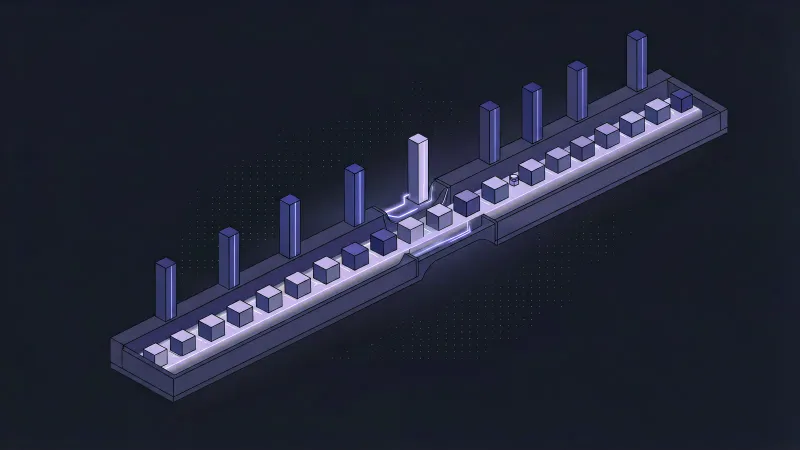 Diagram: identical cubes move evenly along a long channel, taller marker pillars rise at fixed intervals, and the channel narrows partway along