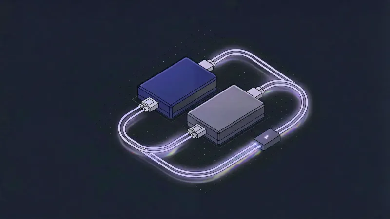 Diagram: two device blocks joined by cables, one of which loops back on itself to form a separate monitoring path