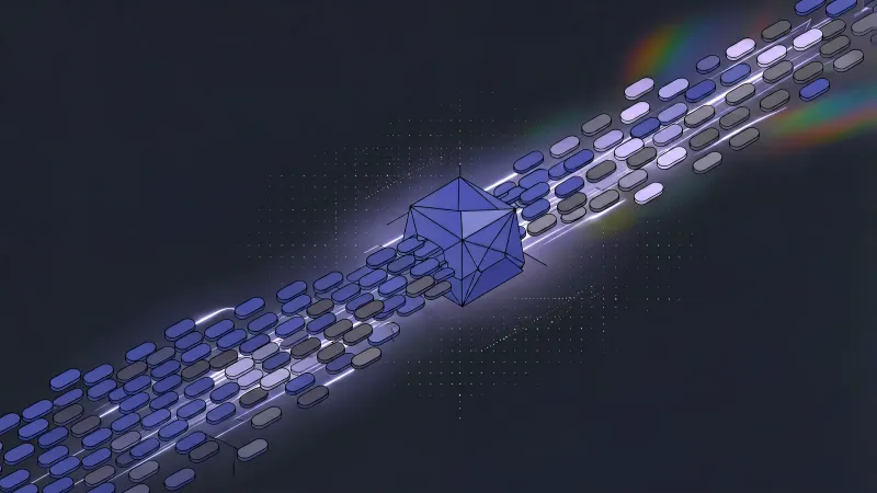 Diagram: a dense stream of blank pill shapes flows through a faceted node and comes out sparser and tidier on the other side