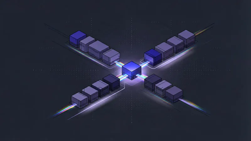 Audio blocks move through a queue as a bright new block creates a branch that either clears or preserves older blocks