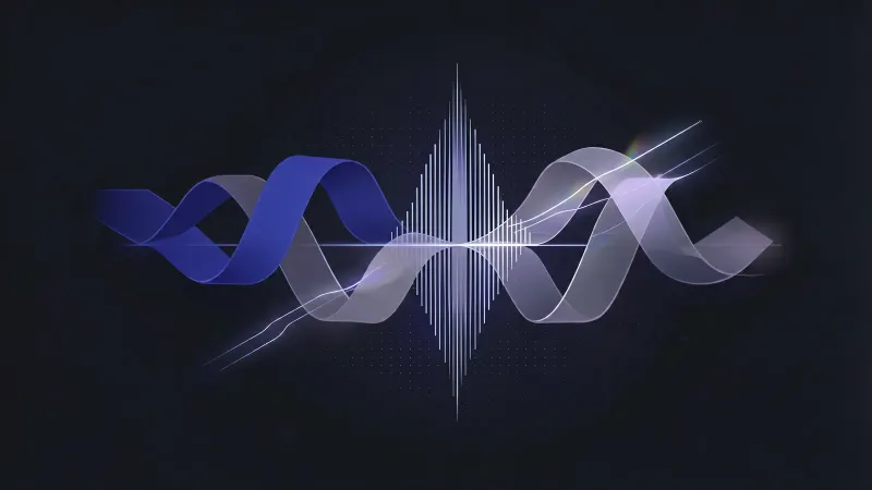 Diagram: two mirrored waveform ribbons interweave, one solid and one translucent, converging on a vertical spectral fingerprint